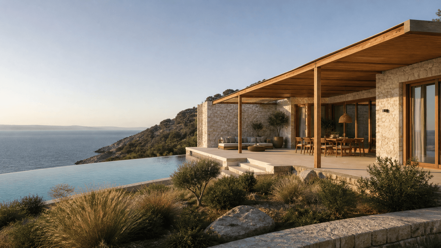 Concept study of a stone and timber villa overlooking the Adriatic