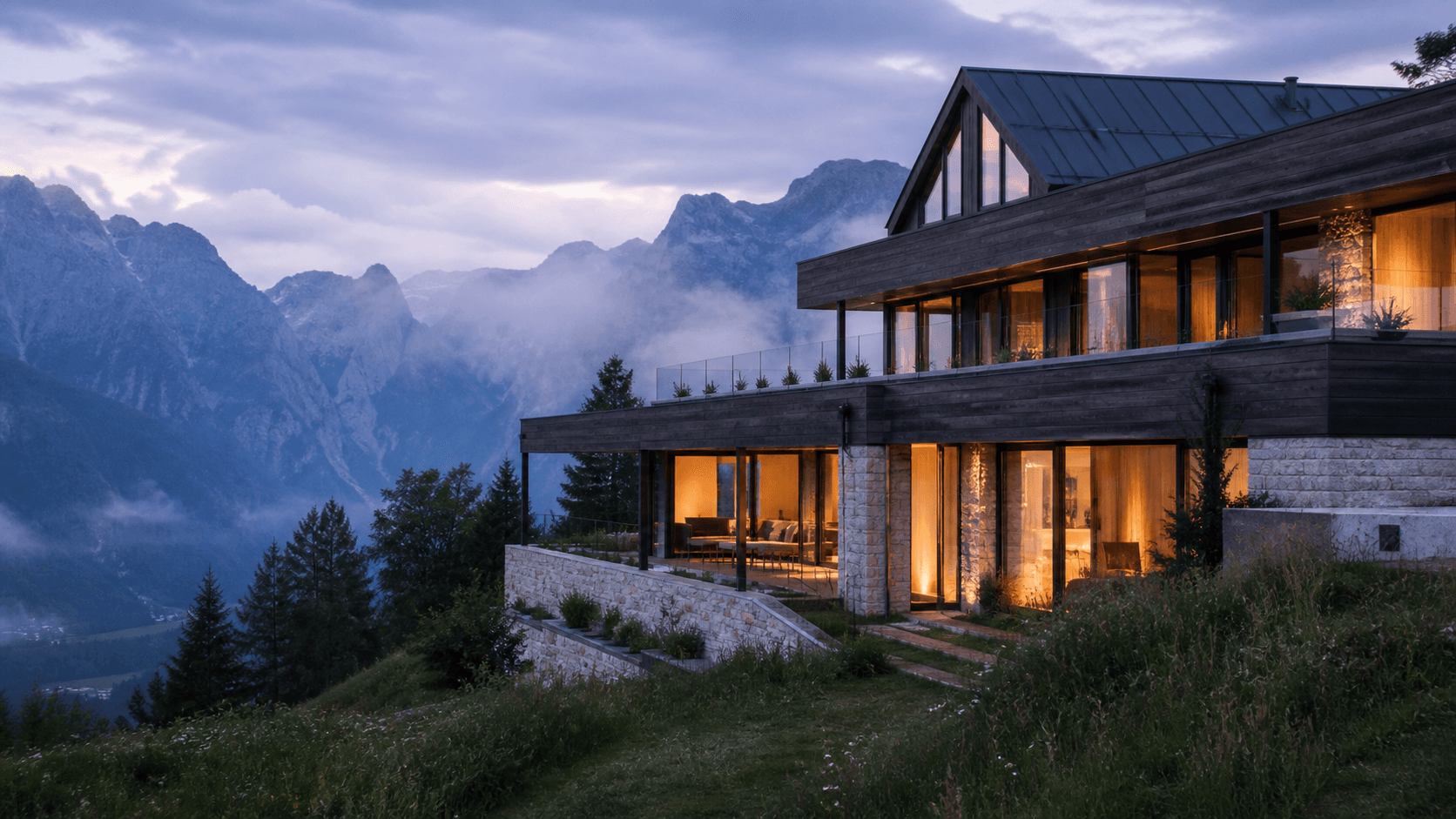 Concept study of a contemporary alpine retreat among trees
