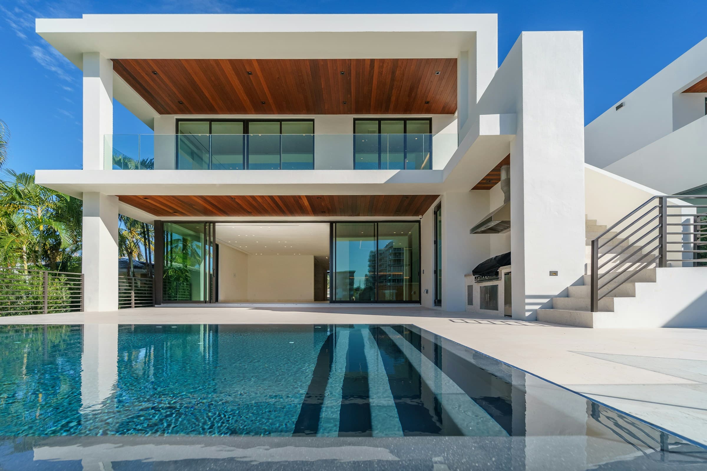 Contemporary coastal architecture at blue hour